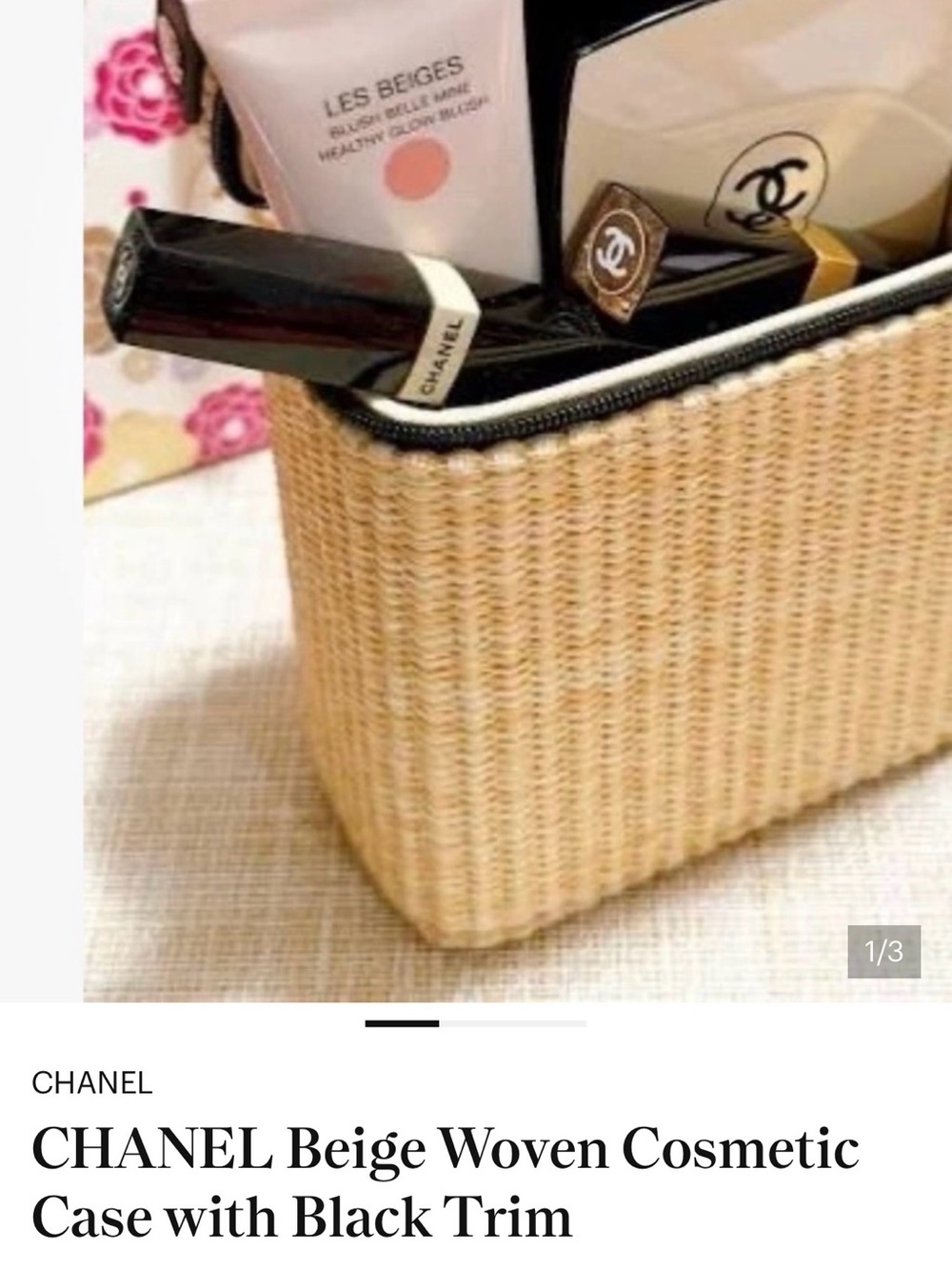 CHANEL Beige Woven Cosmetic Pouch with Black Trim
